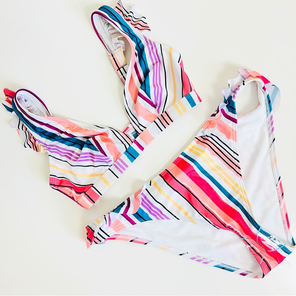 NWT ASOS Fuller Bust White Striped Pastel Frill Ruffle Plunge Bikini Set
